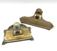 Early 20th Century brass inkstand with glass block inkwell and traces of the original plate W20cm an