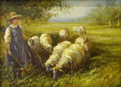 English School (20th century): Shepherdess with her Flock, oil on panel unsigned 11.5cm x 16.5cm