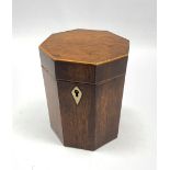 George III mahogany hexagonal tea caddy with ivory key plate and interior cover H13cm