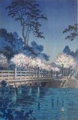 Tsuchiya Koitsu (Japanese 1870-1949): 'Benkei Bridge', woodblock print pub. Doi Hangaten 1934, 36cm