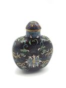 Chinese Cloisonne snuff bottle decorated with foliate scrolls throughout, H10cm