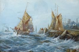 English School (Early 20th century): Rough Seas off the Pier, oil on board unsigned 28cm x 43cm