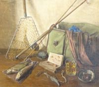 English School (20th century): Still Life of Fishing Tackle, oil on canvas unsigned 60cm x 68cm