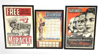 Three 1950's advertising posters: 'Four Reigns' Illustrated magazine, Columbia Pictures 1949 and Mir