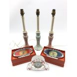 Waterford crystal mantle clock, two boxed Shanghai-Tang clocks and three porcelain candlestick table