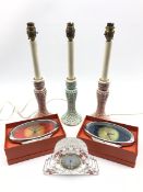 Waterford crystal mantle clock, two boxed Shanghai-Tang clocks and three porcelain candlestick table