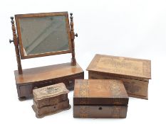 Early 20th Century inlaid mahogany sewing box W34cm, smaller sewing box. jewellery box and a small