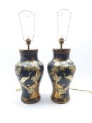 Pair of Black lacquer Chinoiserie table lamps of baluster form, decorated with scenes of deer and cr