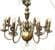 Dutch style brushed brass electrolier, knopped column with eight scroll branches, electric fitments