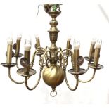 Dutch style brushed brass electrolier, knopped column with eight scroll branches, electric fitments