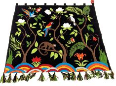 Jan Constantine Tropical Paradise embroidered wool wall hanging on black ground with tabs and tassel