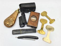 G.N.R brass template dated June 1886, two others, copper shot flask, brass postal scales, cut throat