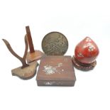 Japanese laquer box and cover on a crimson ground, Japanese bronze mirror, vase stand etc