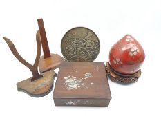 Japanese laquer box and cover on a crimson ground, Japanese bronze mirror, vase stand etc