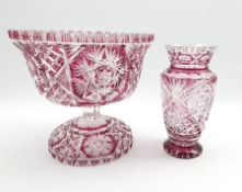 Large Bohemian cranberry overlay cut glass pedestal bowl H129cm with matching vase (2)