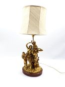 Gilded cast brass electric lamp base in the form of a Bacchanalian group of figures on red marble p