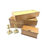 Three rectangular oak boxes with sliding tops L52cm, another oak box with hinged lid and a pair of 1