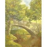 Lewis Creighton (British 1918-1996): Woodland River Scene with Bridge, oil on board signed 49cm x 39