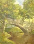 Lewis Creighton (British 1918-1996): Woodland River Scene with Bridge, oil on board signed 49cm x 39