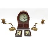 Edwardian inlaid mahogany dome top mantle clock, twin train movement, pair of 19th century gilt bras