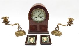 Edwardian inlaid mahogany dome top mantle clock, twin train movement, pair of 19th century gilt bras