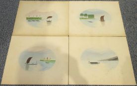 Indian School (Early 20th century): River Scenes, set four oval watercolours indistinctly signed and