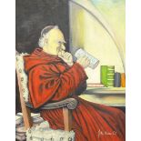 English School (20th century): Monk Drinking, oil on canvas indistinctly signed and dated '57, 79cm