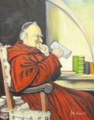 English School (20th century): Monk Drinking, oil on canvas indistinctly signed and dated '57, 79cm