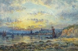 J Smith (Early 20th century): Estuary Scene with Shipping at Sunset, watercolour signed and dated 19