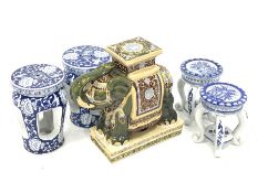 Modern Oriental elephant jardiniere stand H52cm and two pairs of blue and white vase stands