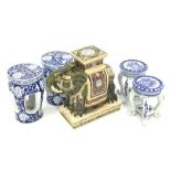 Modern Oriental elephant jardiniere stand H52cm and two pairs of blue and white vase stands