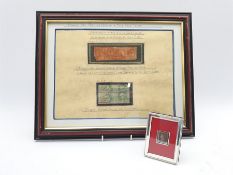 Silver framed penny black with cancellation stamps, framed 'errors on British issue'