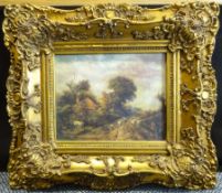 Herding Cattle Across a River, textured print in heavy ornate gilt frame 19cm x 24cm