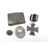 German World War I wound badge, Iron Cross dated 1914, German belt buckle and a military button