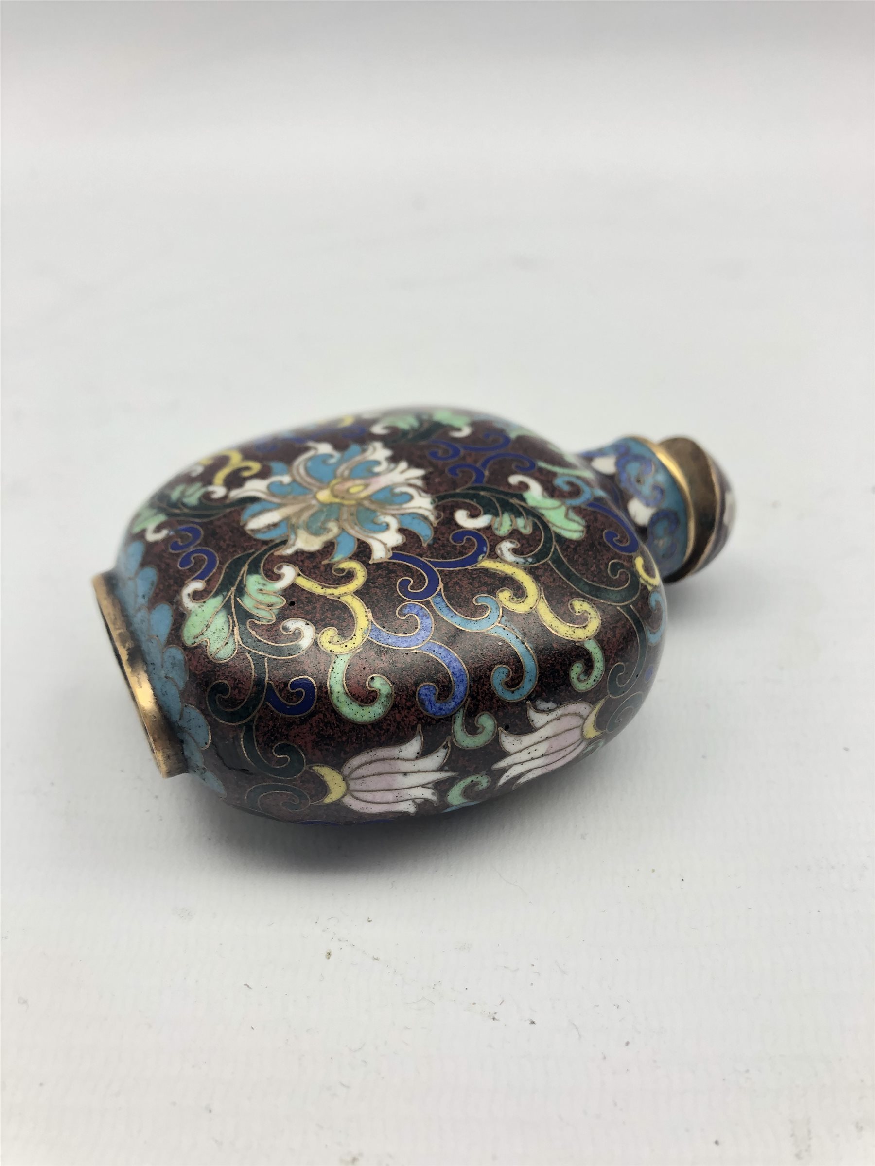 Chinese Cloisonne snuff bottle decorated with foliate scrolls throughout, H10cm - Image 2 of 3