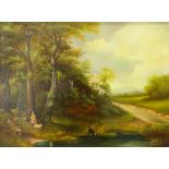 Continental School (20th century): Dog Watering in a Forest Clearing, oil on panel signed David Dupr