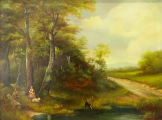 Continental School (20th century): Dog Watering in a Forest Clearing, oil on panel signed David Dupr