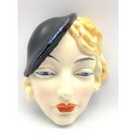 Beswick Art Deco period face mask of a girl wearing a beret, printed backstamp with script number 77