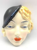 Beswick Art Deco period face mask of a girl wearing a beret, printed backstamp with script number 77