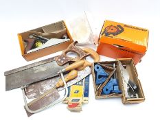 Box of assorted hand tools including Record and Stanley planes etc