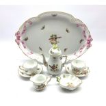 Herend porcelain cabaret set decorated with birds and insects, comprising a coffee pot, two cups and