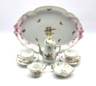 Herend porcelain cabaret set decorated with birds and insects, comprising a coffee pot, two cups and