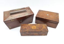 Victorian rosewood sarcophagus shape tea caddy inlaid with mother of pearl, the interior with three