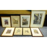 Collection of York interest pictures: two watercolours of the Shambles, pair etchings 'Bootham Bar'