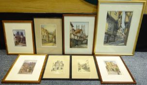 Collection of York interest pictures: two watercolours of the Shambles, pair etchings 'Bootham Bar'