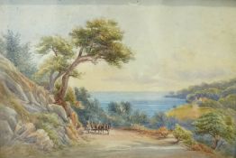 Continental School (19th century): Horse and Cart on a Hillside Pass, watercolour signed with initia