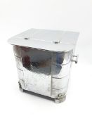 Art Deco chromed square form coal bin with rounded corners, raised on stepped feet, H31cm