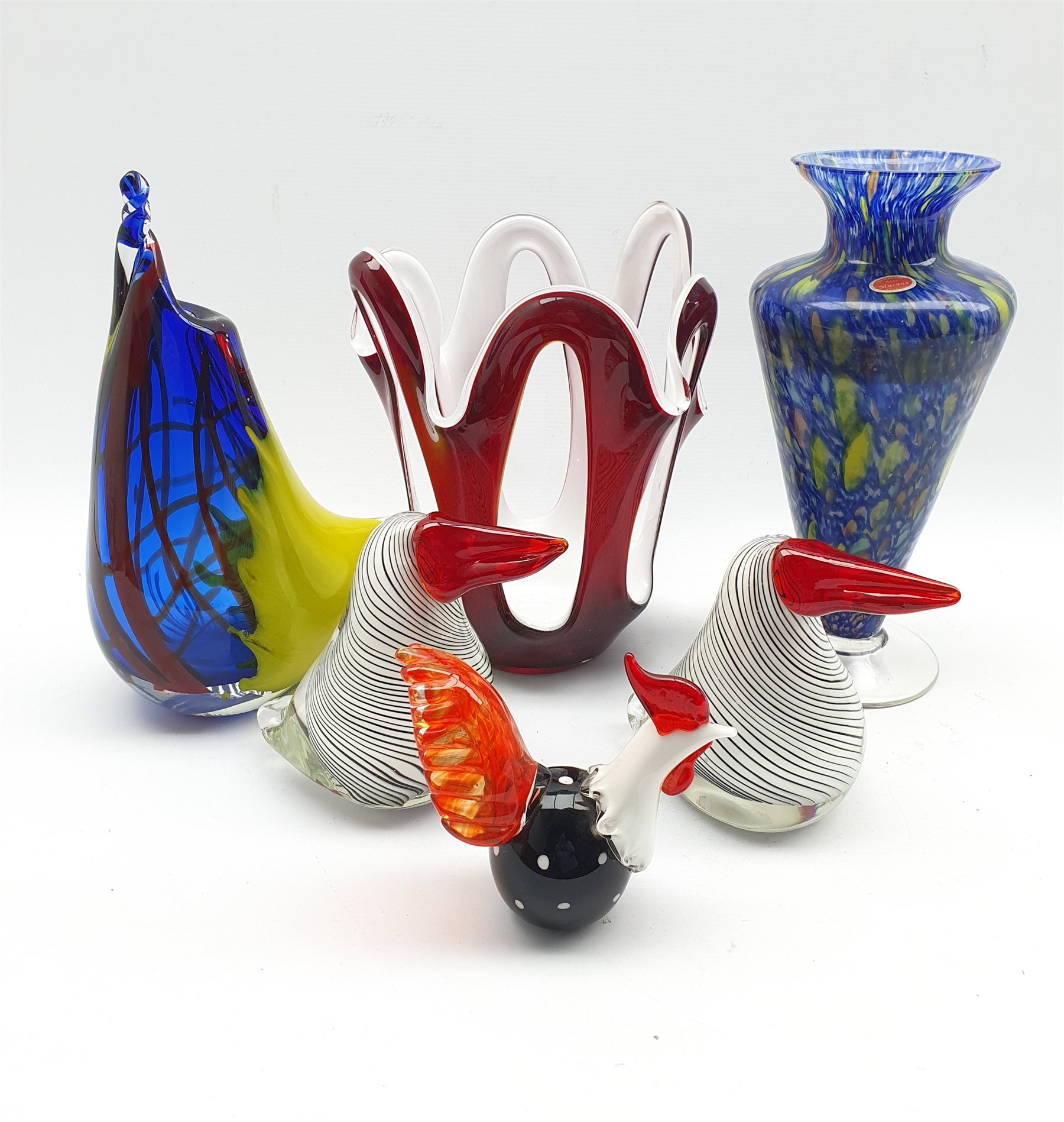 Art glass cockerel 14cm; pair stylised birds with red beaks 16cm ; red and white overlaid vase 29cm;