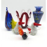 Art glass cockerel 14cm; pair stylised birds with red beaks 16cm ; red and white overlaid vase 29cm;
