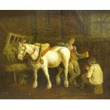 After George Morland (British 1763-1804): Horse and Figures in Stable setting, 19th century oil on c